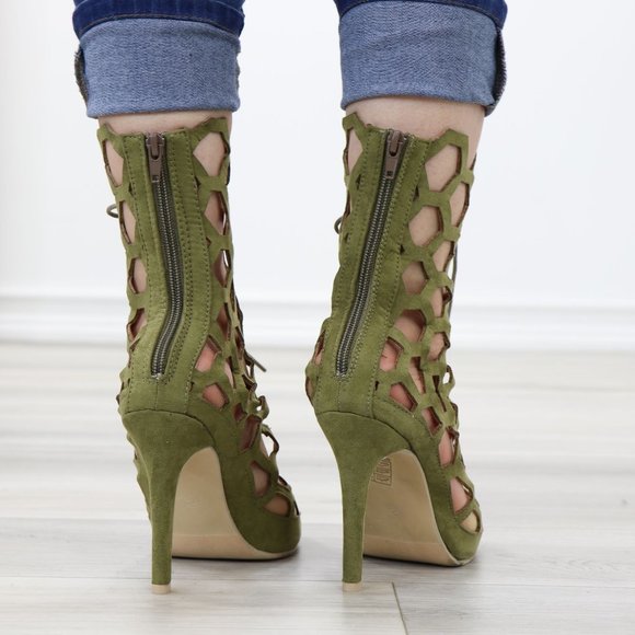 Lace-Up Strappy Olive Gladiator Suede Open Toe Needle High Heel Stiletto Sandals - Picture 9 of 11